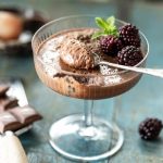 Chocolate mousse in a glass glass with fresh blackberries and mint.